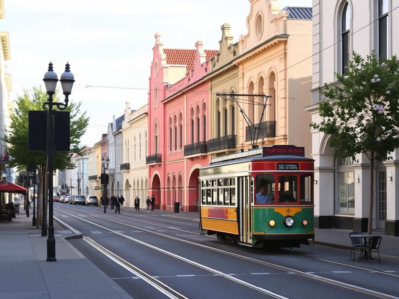 Heritage tram passing pastel buildings on New Regent Street.