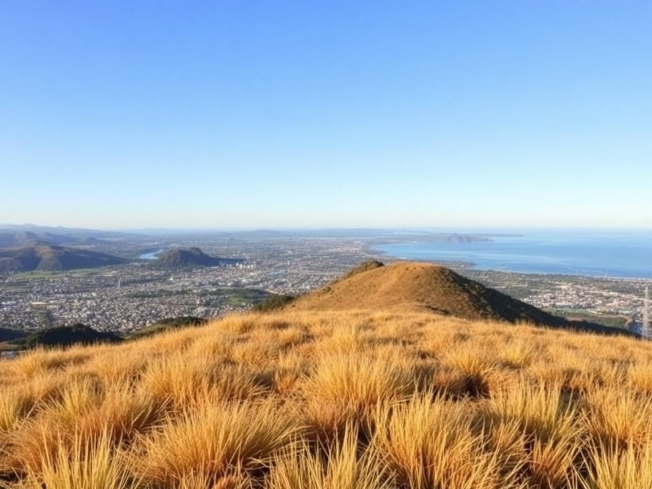 Tussock-covered Port Hills with a view over Christchurch and the Pacific.