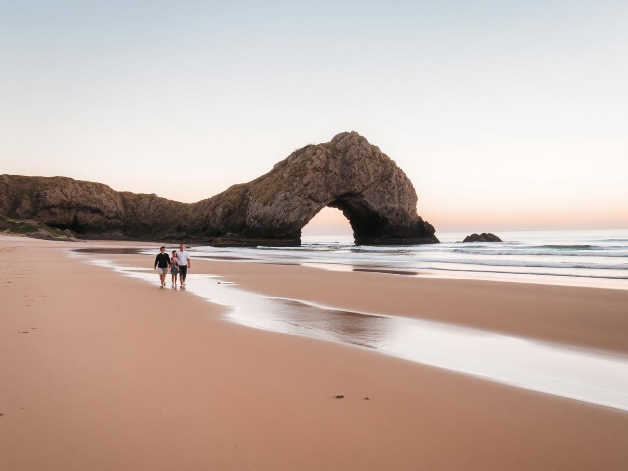 Family walking past Cave Rock on Sumner Beach at golden hour.