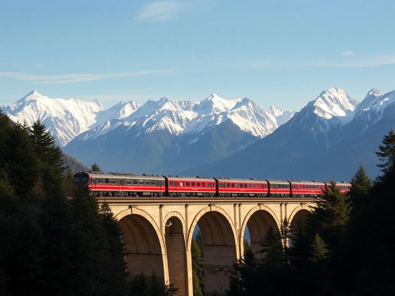 TranzAlpine train crossing a viaduct beneath the Southern Alps.
